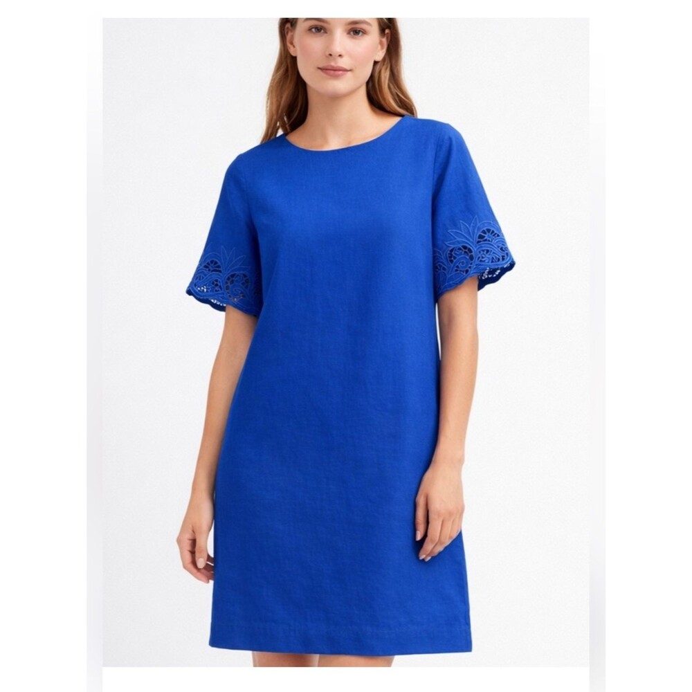 Chico's Blue 100% Linen Shift Dress Sz 1 (Medium 8) Eyelet Embroidered Sleeve